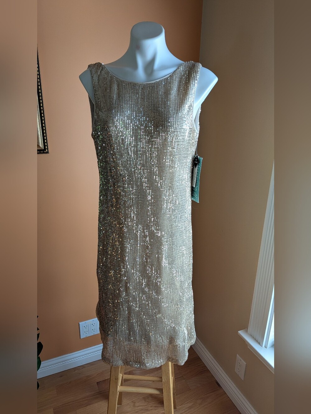 Studio One New York Gold Sequin Sleeveless Shift Dress Size 12